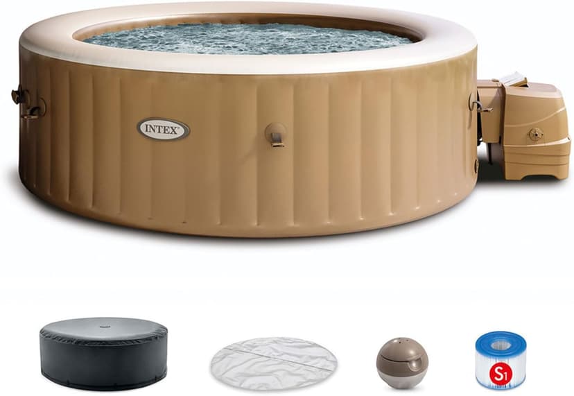 Intex PureSpa 6 Person Bubble Massage Inflatable Hot Tub Spa Set, Sahara Tan - Portable Outdoor Spa Plus Water Heater Pump, Foam Cover, Dispenser Ball