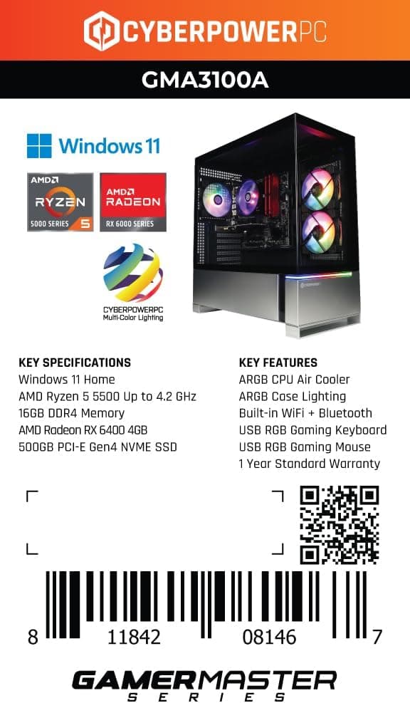 CyberPowerPC Gamer Master Gaming PC, AMD Ryzen 5 5500 3.6GHz, Radeon RX 6400 4GB, 16GB DDR4, 500GB PCIe Gen4 SSD, WiFi Ready & Windows 11 Home (GMA3100A)