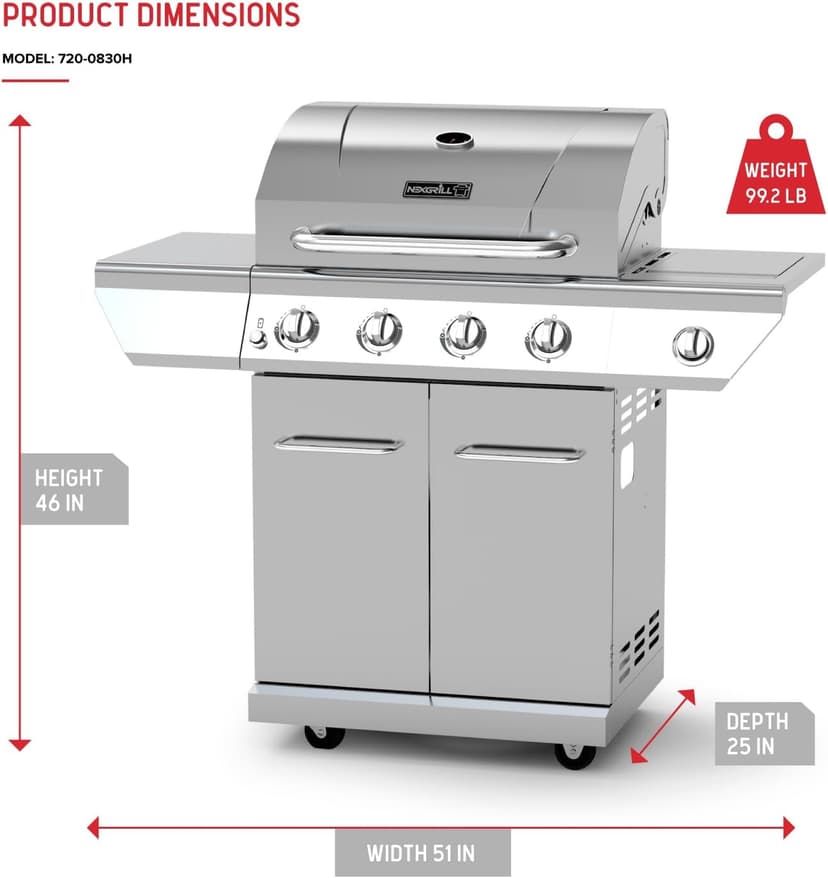 Nexgrill 4-Burner Propane Gas Grill in Stainless Steel with Side Burner, 60000BTUs, 626 sq. in. Cooking Space, Perfect for Outdoor Cooking & Grilling, Patios, BBQ, Backyards, Silver, 720-0830H