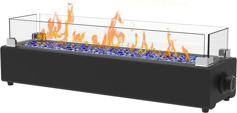 28-inch Table Top Propane Fire Pit, 40,000 BTU Tabletop Firepit for Patio, Outdoor Portable Fireplace Rectangular Fire Bowl w/Wind Glass Shield, Glass Rocks - Black