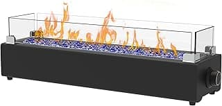 28-inch Table Top Propane Fire Pit, 40,000 BTU Tabletop Firepit for Patio, Outdoor Portable Fireplace Rectangular Fire Bowl w/Wind Glass Shield, Glass Rocks - Black