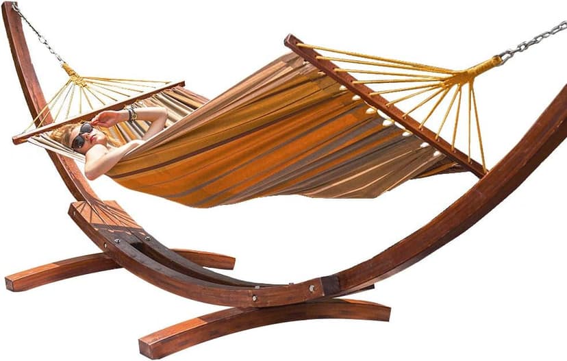 Lazy Daze Hammocks Cotton Fabric Spreader Bar Hammock and 10.5 Ft Wood Arc Hammock Stand Combo, for Indoor, Outdoor,Patio, Backyard, Khaki and Brown