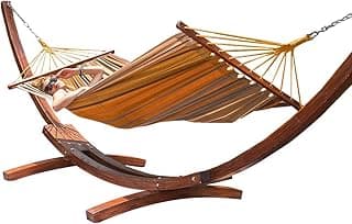 Lazy Daze Hammocks Cotton Fabric Spreader Bar Hammock and 10.5 Ft Wood Arc Hammock Stand Combo, for Indoor, Outdoor,Patio, Backyard, Khaki and Brown