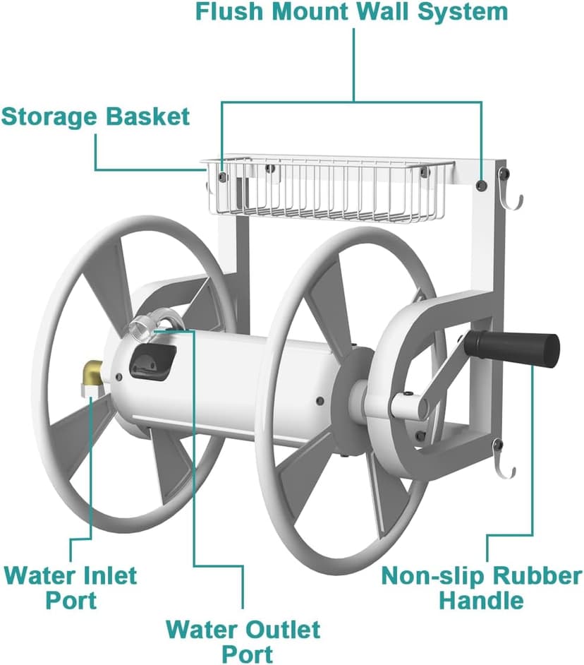 Outdoor Wall Mounted Hose Reel with Hook, Garden Heavy-Duty Water Hose Holder Winder with 3.9 ft Leader Hose, Brass Fitting and Storage Basket for Yard, Holds 125 Ft of 5/8-Inch Hose, White