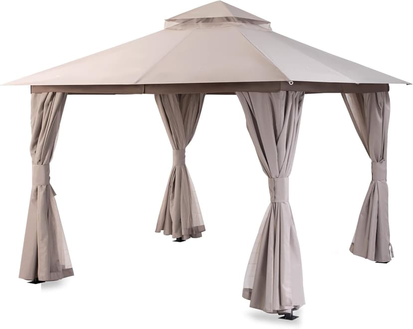 LAUSAINT HOME Outdoor Patio Gazebo with Expansion Bolts, Double Roof Soft top Gazebos Shelter Party Tent with Mosquito Nettings and Privacy Screens for Backyard, Deck, Garden, Lawn (10x10, Khaki)
