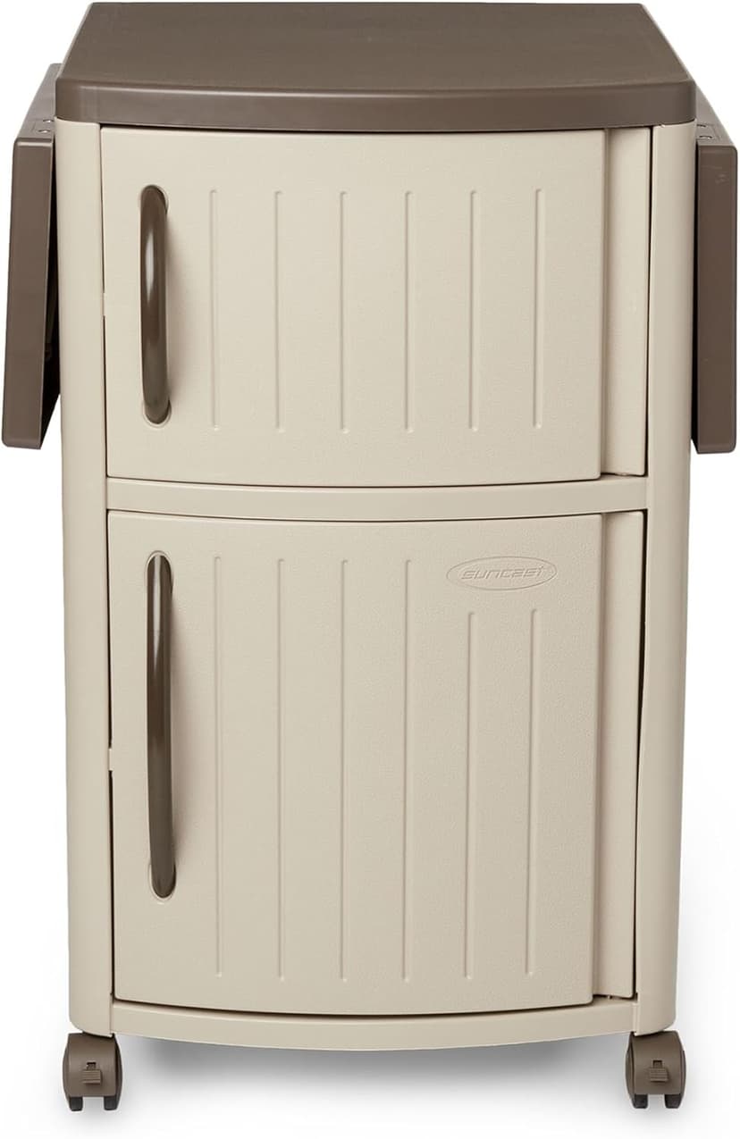 Suncast Outdoor Patio Grill Prep Station Cart with 2 Storage Cabinets, Light Taupe/Mocha