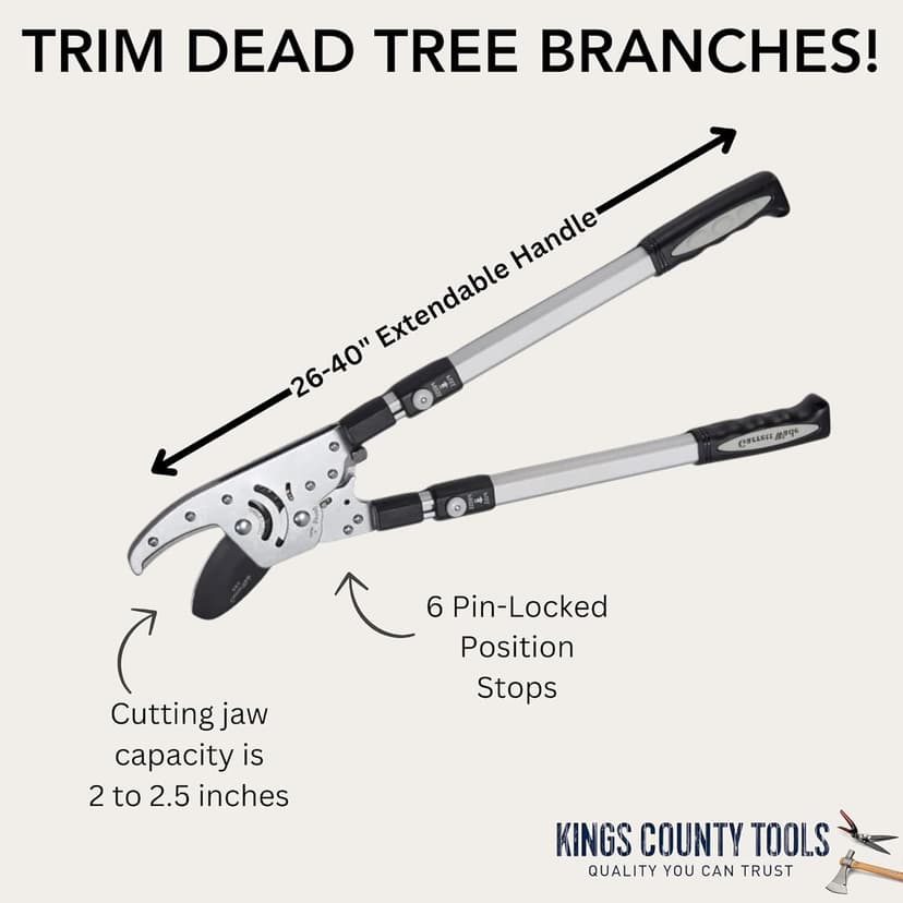 Kings County Tools Double Ratcheting Anvil Lopper | Cuts Dry Wood | Extendable 26" – 40" Long Handles | Trim Dead Tree Branches | 6 Pin-Locked Position Stops | Heavy-Duty Steel