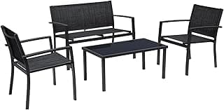 Greesum 4 Pieces Patio Furniture Set Outdoor Conversation Textilene Fabric Chairs for Lawn, Garden, Balcony, Poolside with A Glass Coffee Table, Black