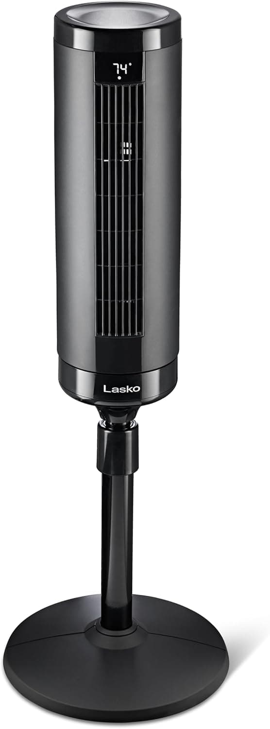 LASKO Elevation 42”-54” Adjustable Height Pedestal Tower Fans for Home, 31 ft/s Airflow, Quiet 28 dB on Low, 90° Oscillation, 12 Hour Timer, Remote Control, Black, EST100
