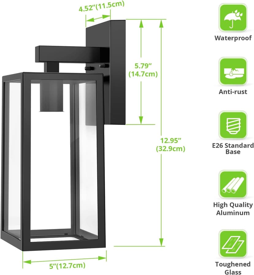 MAXvolador Outdoor Wall Sconce, Exterior Waterproof Wall Lantern Light Fixtures, Black Porch Lights with Toughened Glass Shade, Anti-Rust E26 Socket Front Door Wall Mount Lighting, 2 Pack