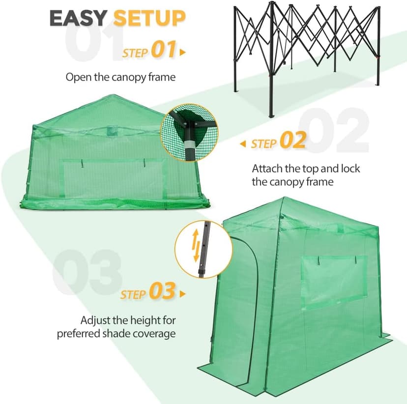 EAGLE PEAK 9x4 Lean-to Portable Walk-in Greenhouse, Pop-up Indoor Outdoor Garden Green House, Zippered Doors and Window, PE Cover, Green