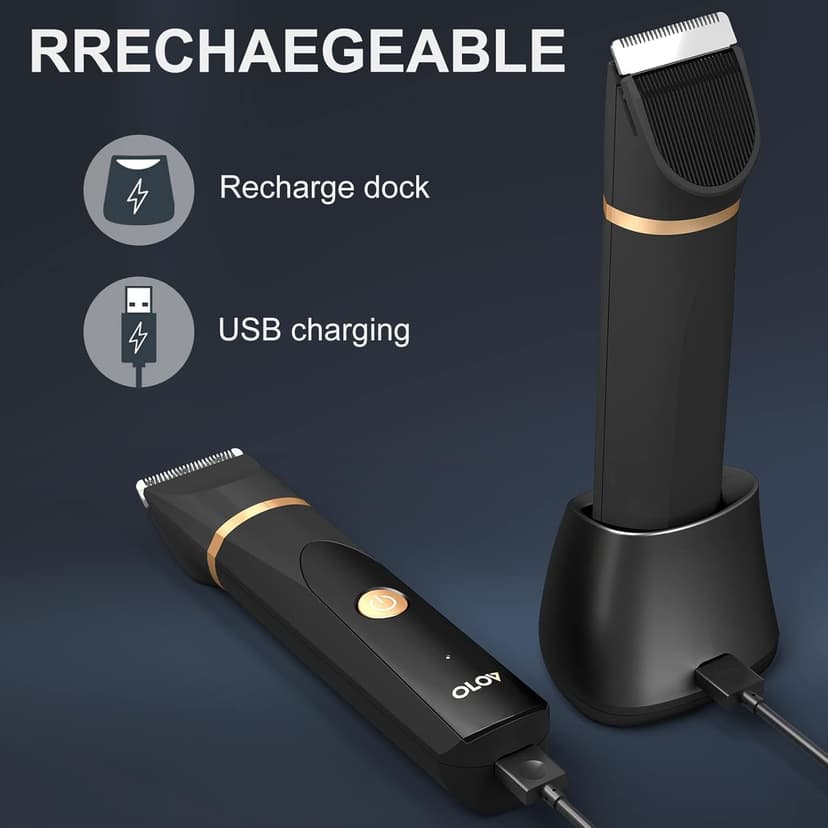 OLOV Electric Body Hair Trimmer - Groin Trimmer for Men - Bikini Trimmer Women - Wet/Dry Shaver Groomer, Replaceable Ceramic Blade Heads, USB Recharge Dock, Waterproof Hygiene Razor,Black