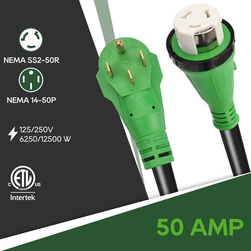 RVGUARD 50 Amp 15 Foot RV Power Cord, 14-50P to SS2-50R Generator Extension Cord, Heavy Duty STW Cord with LED Power Indicator and Cord Organizer, Green, ETL Listed