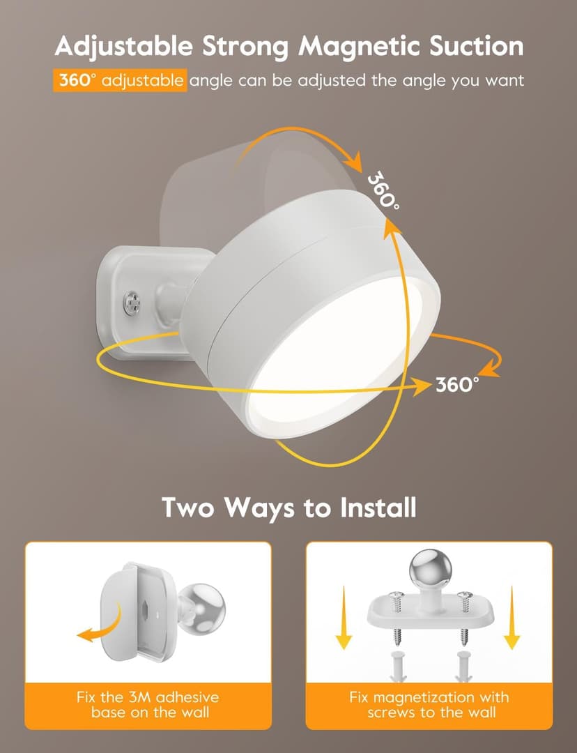 Brightown LED Magnetic Wall Sconce Lights, 2 Pack USB Rechargeable Wall Mounted Lights with Remote, 3 Lighting Colors and Dimmable, 360° Rotation Cordless Wall Mount Lamp for Bedroom, White