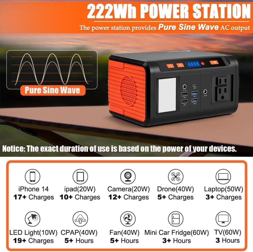 Takki Solar Generator 222Wh Portable Power Station with 40W Solar Panels, 250W Pure Sine Wave Camping Lithium Battery with AC 110V Outlet for Camping Home Use Emergency Outdoor CPAP