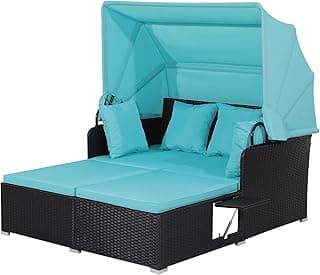 HAPPYGRILL Outdoor Hand-Woven PE Wicker Daybed Patio Loveseat Sofa Set with Retractable Canopy & 2 Side Tables, Outdoor Sun Lounger with Soft Cushions