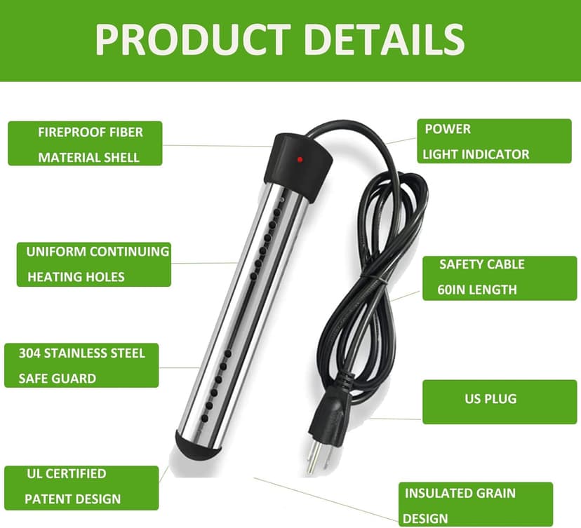 HASTER 2000W Immersion Water Heater for Inflatable Pool Bathtub,Bucket Heater with 304 SS Guard,Electric Submersible Water Heater with LCD Thermometer,Heat 5 Gallon Water in Minutes (Black)