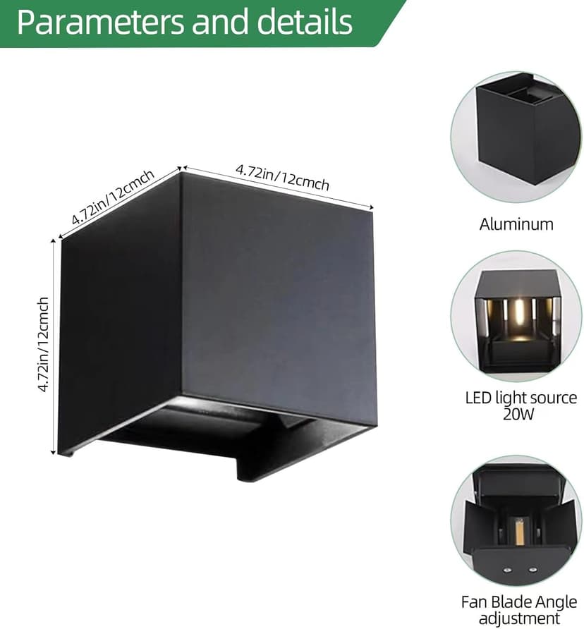 Wrasse 2Pack Outdoor Wall Mounted Lights 20W 2000LM Wall Proch Sconce 3000K Black Exterior Light Fixture 120v Up Down Modern Cube Lamp for Outdoor Sconces Lighting House Front Door Outside