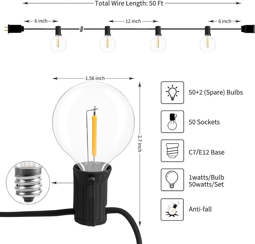 Brightown Led String Lights Outdoor 50Feet G40 Patio Lights with 52 Led Shatterproof Bulbs(2 Spare), Waterproof Led Globe Hanging Lights for Backyard Porch Bistro Balcony Decor, E12 Socket, 2200K