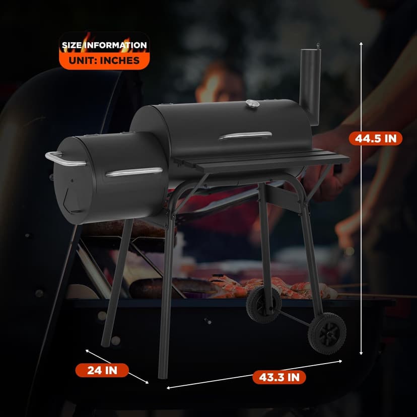 43-inch Charcoal Outdoor BBQ Grill - Portable Camping Grill for 6-10 People, Offset Smoker, Braised Roast, Patio and Backyard Picnic Grill