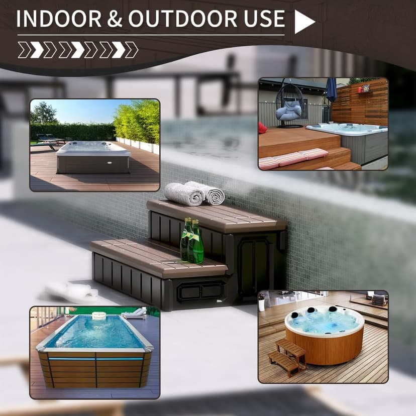 KUAFU Universal Spa Hot Tub Step with Storage Outdoor Indoor Compartment Spa 2-Step Stool Pool Ladder Plastic Handi Step Slip Resistant Striped Brown+Black