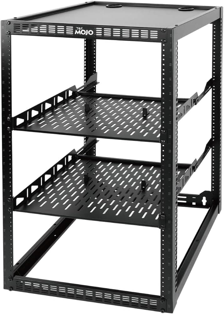 Tecmojo 20U Open Frame Network Rack for IT & AV Gear, Black, Alloy Steel, Rack Mount, Wall Floor Mount, Compatible with Networking Devices, Servers, IT Equipment