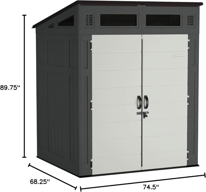Suncast 6' x 5' Modernist Storage Shed for Yard Storage, All-Weather Outdoor Storage Shed with 2 Lockable Doors and Windows, Peppercorn, Made in The USA