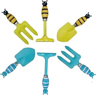 Kids Gardening Tool Sets Strip Bee Handle, 6 Pieces (Blue+ Yellow), Sandbox Play Beach Shovel and Toy Graden Hand Tool