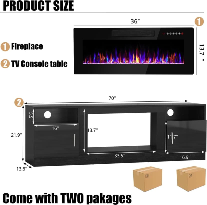 VITESSE Fireplace with TV Stand 36" inch Electric Fireplace Up to 80" TVs, LED Light Entertainment Center, 70" Modern Wood High Gloss with Highlight Storage Cabinet for Living Room (Black)