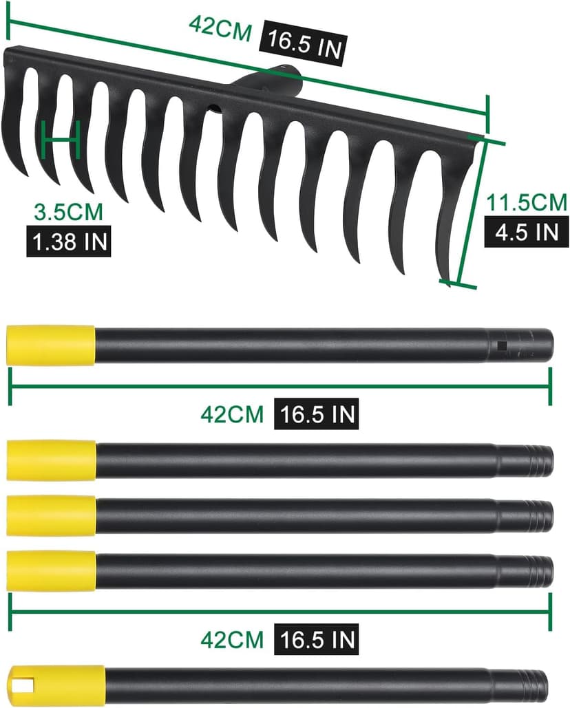 Garden Rake Heavy Duty, 74 Inch Metal Rake with 12 Tines, Bow Rake with Long Handle for Loosening Soil Leveling Lawn Farming Land, Black