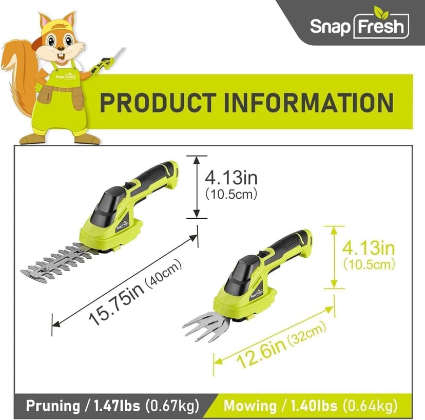 SnapFresh Cordless Grass Shear Bush Trimmer, 2 in 1 Handheld Hedge Trimmer, 7.2V Electric Grass Trimmers, Lightweight Shrubbery Trimmers Battery & Charger Included, Shrub Trimmer for Garden(Green)