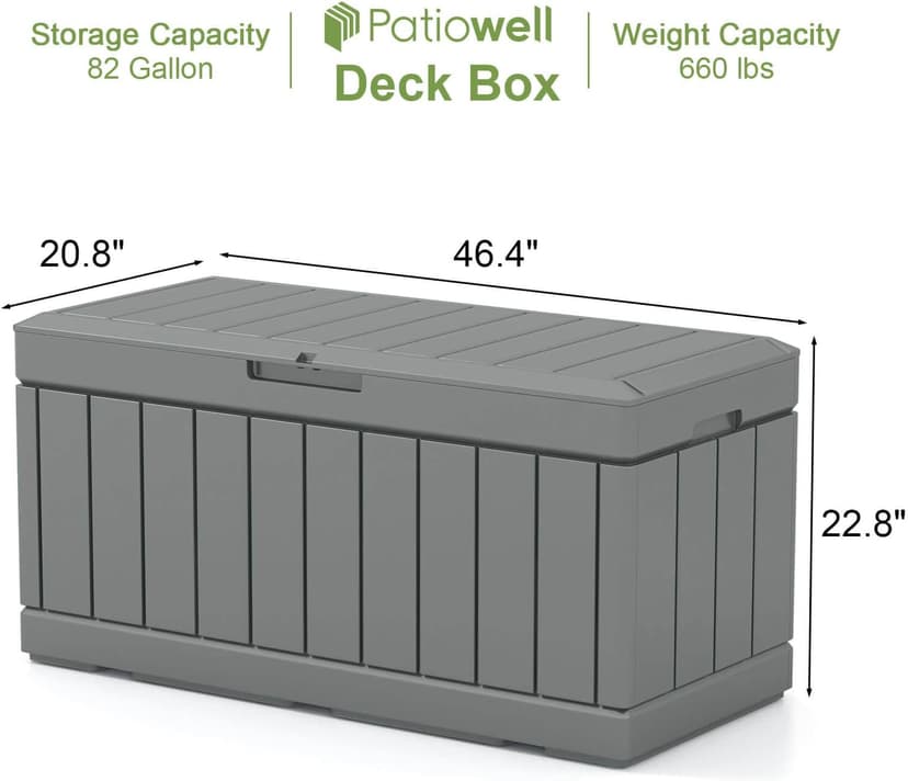 Patiowell 82 Gallon Resin Deck Box, Waterproof Large Wood Look Storage Box for Patio Furniture, Pool Accessories, Garden Tools and Sports Equipment, Lockable, Grey