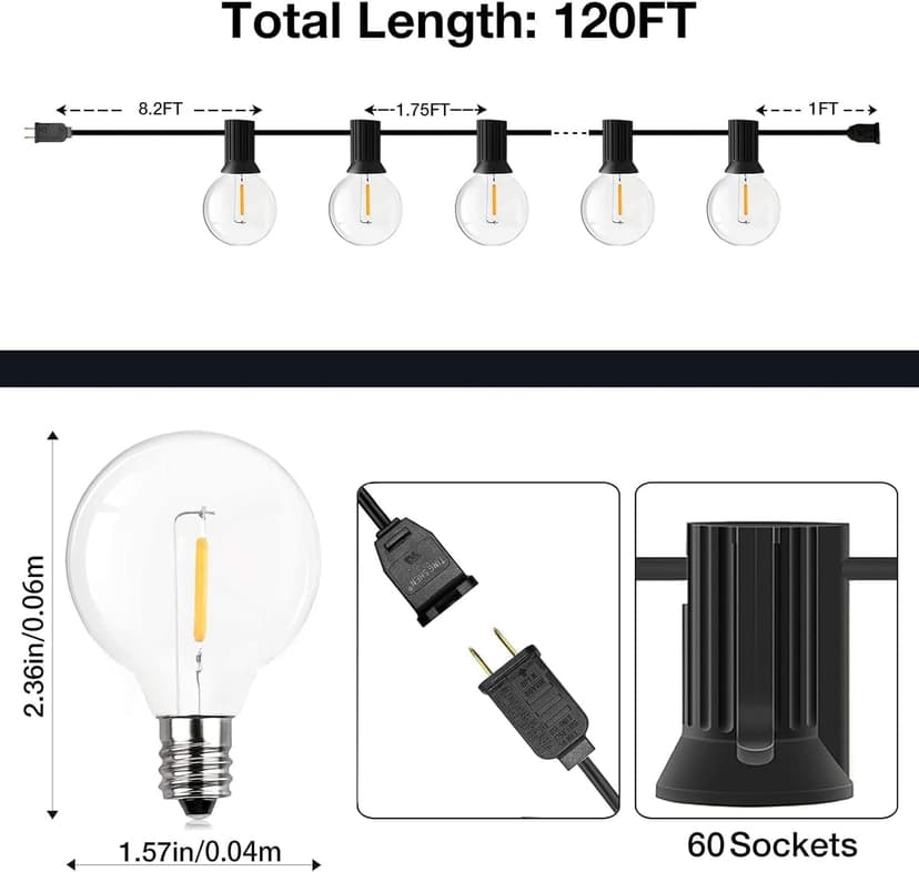GPATIO 120FT Outdoor String Lights, Waterproof Patio Lights with 64 Hanging Globe G40 Bulbs, 2700k Shatterproof for Backyard Balcony Party Camping Outside Decor