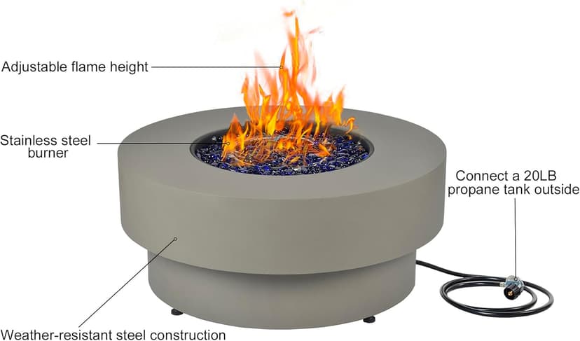 Propane Outdoor Fire Pit Table, Flint & Concrete Look 33-inch Round Patio Gas Fire Table 50,000 BTU w/Lid, Fire Glass, Heavy Duty Rain Cover, Pre-Attached 10ft Propane Hose