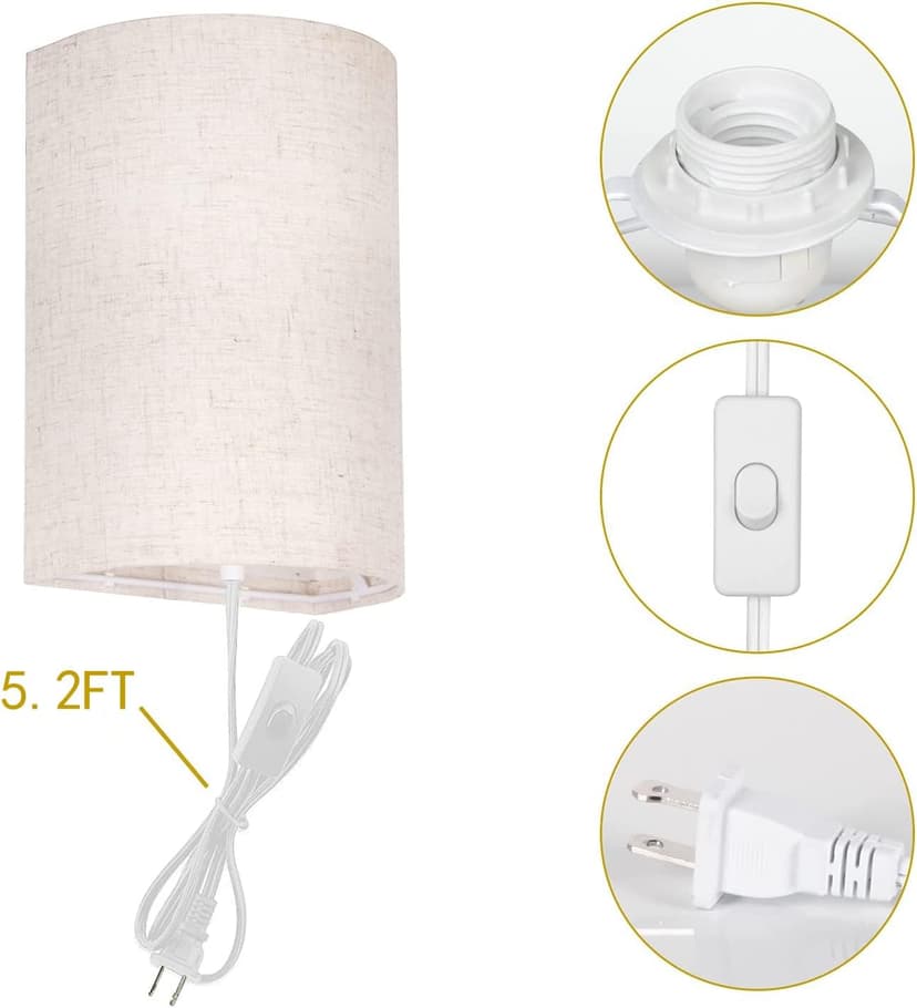AVV Wall Sconces Set of Two, Wall Lamp Plug in with On/Off Switch, 2700K 4000K 5000K Selectable, Wall Lights for Bedroom, Living Room, Wall Decor for Bedroom, Fabric Linen Lamp Shades