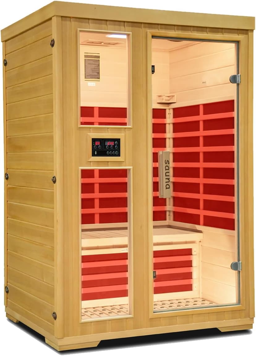 2-Person Infrared Sauna, Indoor Home Sauna Room Hemlock Wood Sauna Low EMF Far Infrared Heating with Tempered Glass Door Bluetooth Speakers, Chromotherapy Lights for Family（110V, 1850W）Truck delivery