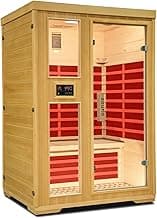 2-Person Infrared Sauna, Indoor Home Sauna Room Hemlock Wood Sauna Low EMF Far Infrared Heating with Tempered Glass Door Bluetooth Speakers, Chromotherapy Lights for Family（110V, 1850W）Truck delivery