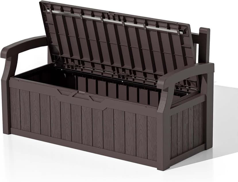 Patiowell 70 Gallon Plastic Storage Bench, Water-Resistant Deck Box for Patio Furniture, Garden Tools, Pool Storage and Outdoor Cushions, Brown