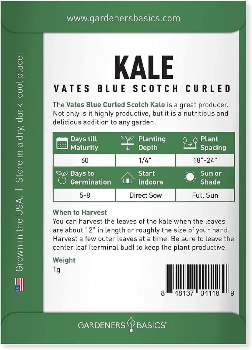 Gardeners Basics, Kale Seeds for Planting, Heirloom, Non-GMO Vegetable Variety - Great for Indoor, Outdoor, and Hydroponics Gardening (Vates Blue Scotch Curled)