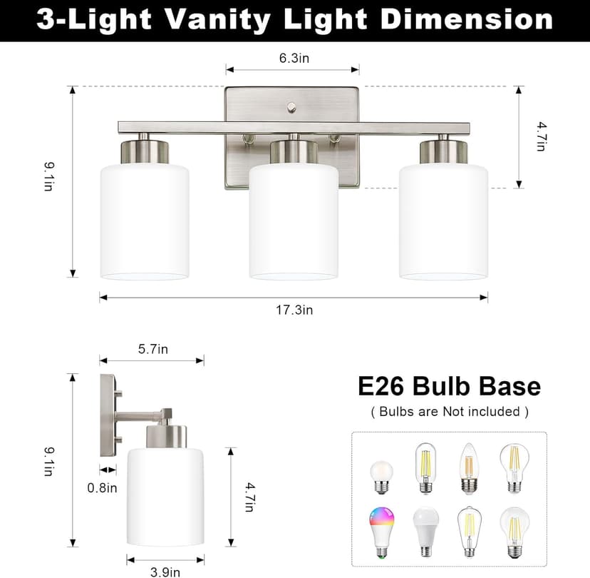 Brushed Nickel Bathroom Light Fixtures, 3-Light Modern Vanity Light Over Mirror, Wall Sconces with Milky White Frosted Glass Shades, E26 Socket (Bulbs Not Included)