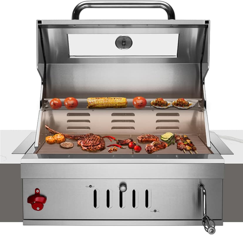 Built In Charcoal Grills Outdoor Kitchens,28-Inch Stainless Steel Charcoal bbq Grill Built In with Liftable Charcoal Tray,Insulated Hood, Temperature Gauge and Rain Fabric cover (Round Lid)