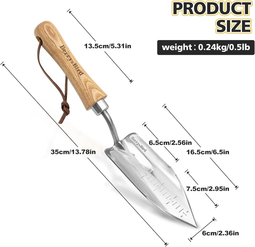 Potting Trowel, Stainless Steel Serrated Hand Shovel, Wood Handle Garden Trowel Tool with Measuring Scale for Effortless Digging,Roots，Planting, Cutting and Transplanting