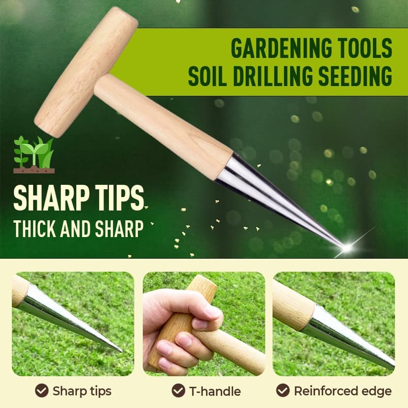 Plant Hole Digger for Planting, Seed Dibber Garden Tool, Hand Dibbler Seed Planter Tool,Bulb Planter Tool, Seeds Transplanting Plants Planting Bulbs, T Wooden Handle - Easy to Drill Holes (3PCS)