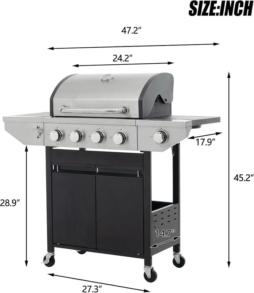4 Burner Outdoor Propane Gas Grill with Side Burner & Thermometer, Stainless Steel Barbecue Grill with Wheels for Patio BBQ Cooking, Camping