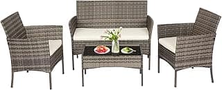 FDW Patio Conversation Set 4 Pieces Patio Furniture Set Wicker with Rattan Chair Loveseats Coffee Table for Outdoor Indoor Garden Backyard Porch Poolside Balcony,Gray Wicker/Khaki Cushions