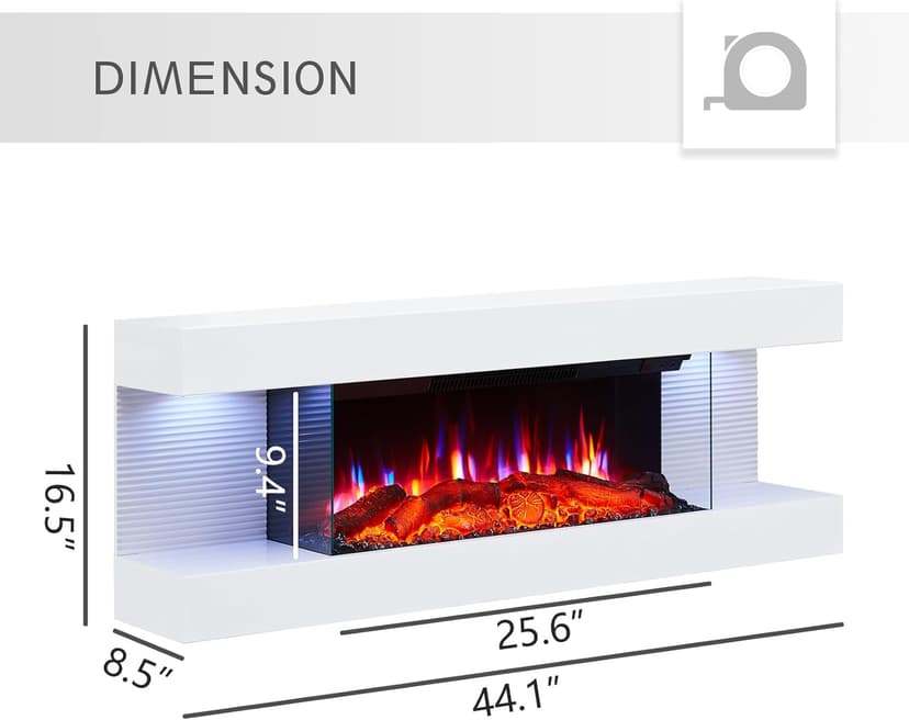 PuraFlame Alsa 44 Inch Wall Mounted Electric Fireplace All-in-One with Multi Ambient Light Colors, Remote, 1500W Heater, White