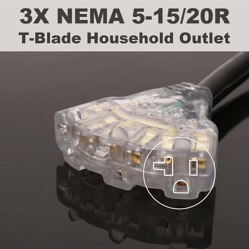 CircleCord 30 Amp to 110V RV/Generator Distribution Adapter Cord, NEMA TT-30P Male to 3X 5-15R/5-20R T-Blade Household Outlet Female with LED Power Indicator 3750W