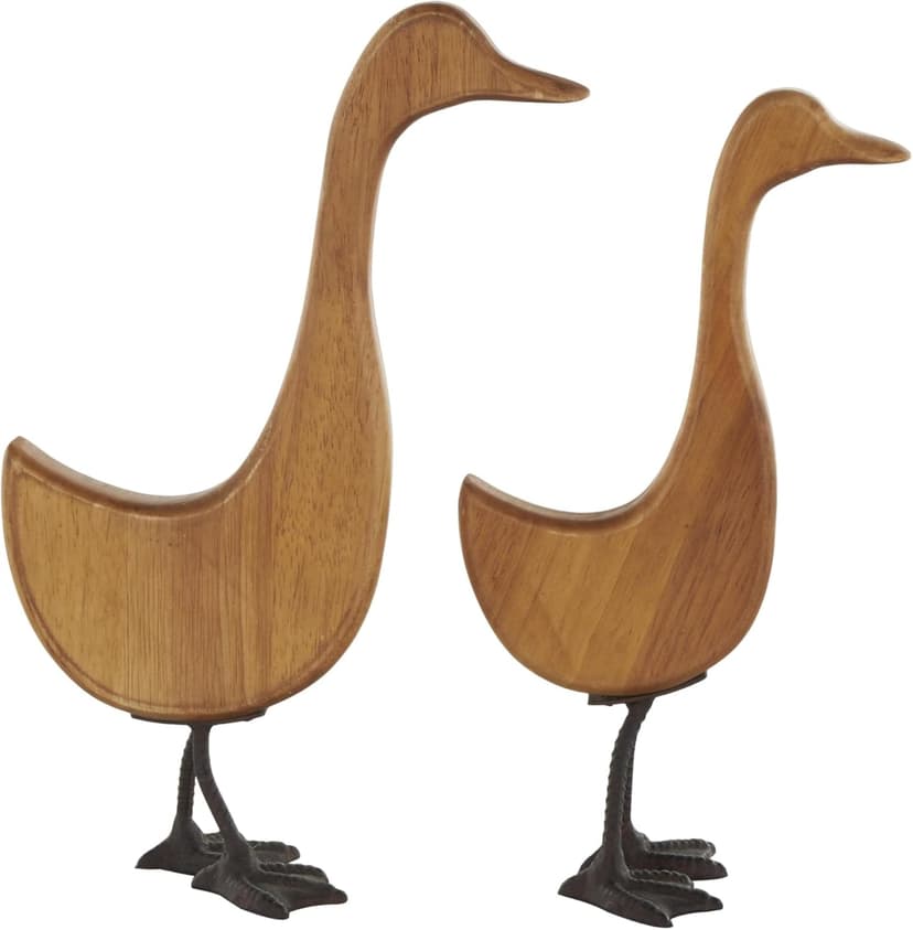 Deco 79 Wood Duck Decorative Garden Sculpture Abstract Minimalistic Garden Statues with Black Metal Feet, Set of 2 Outdoor Sculptures 13", 12"H, Brown