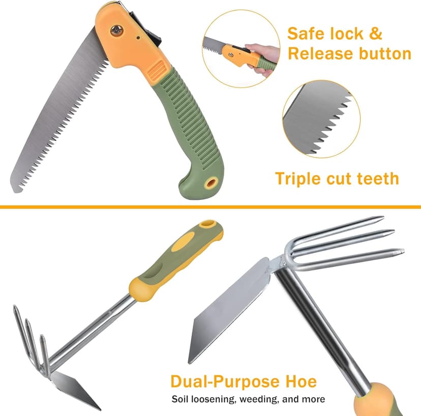 Garden Tool Set, WisaKey 9 Piece Stainless Steel Heavy Duty Green Gardening Tools with Non-Slip Ergonomic Handle, Durable Garden Tool Bag, Ideal Gardening Hand Tools, Gardening Gifts for Women and Men