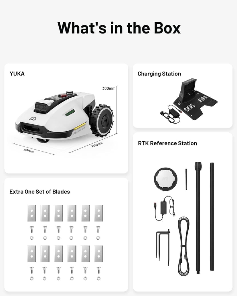 YUKA 2000 Robot Lawn Mower with Garage Standard, Reception 0.5 Acre,Max. 0.6 Acre, Ultrasense AI Vision & RTK, Auto Mapping & App Control,45% Slope,Dual Cutting Discs, 20 Mowing Zones